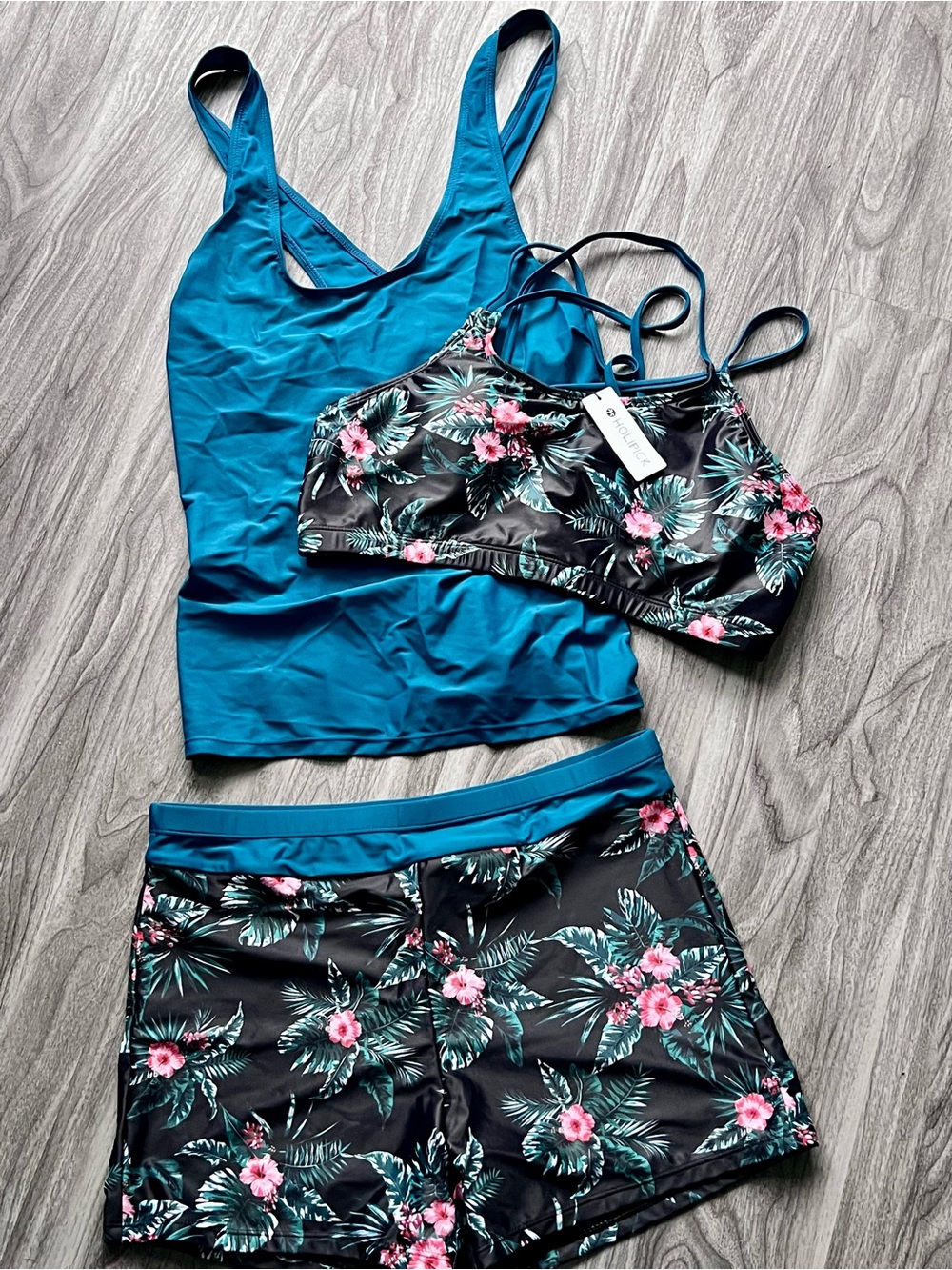 Teal Floral Strappy Tankini Set - Holipick 3 piece set-XL - Picture 6 of 7